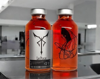 May include: Two clear glass vials filled with orange liquid and silver caps. The left vial features a silver label with a black symbol and the text "Las Plagas" above a barcode. The right vial contains a black, tangled, organic-looking structure.