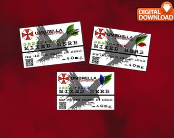 Resident Evil Umbrella Corp Herb Label Set for Cosplay & Props | Green + Green, Green + Red, Green + Blue | Digital Download