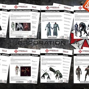 Könnte beinhalten: Eine Sammlung digitaler Download-Drucke mit verschiedenen B.O.W.-Projekten (Bio Organic Weapon) der Umbrella Corporation. Die Drucke zeigen Charakterillustrationen, Projektdetails und das Umbrella Corporation-Logo. Die Bilder befinden sich auf einem dunklen Hintergrund mit einer digitalen Download-Grafik.