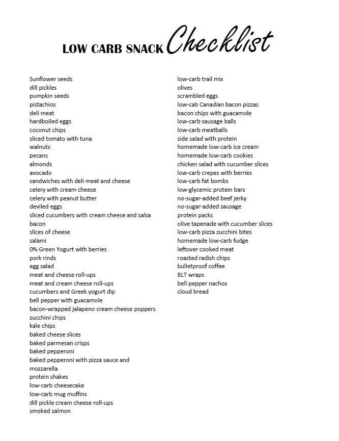 Digital Download | Low Carb Snack List Printable | Low Carb Food List ...