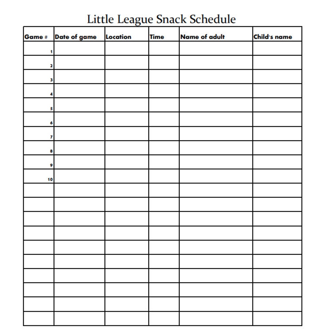 Little League Snack Schedule | Instant Download | Digital Download | Team Mom | Team Snacks ...