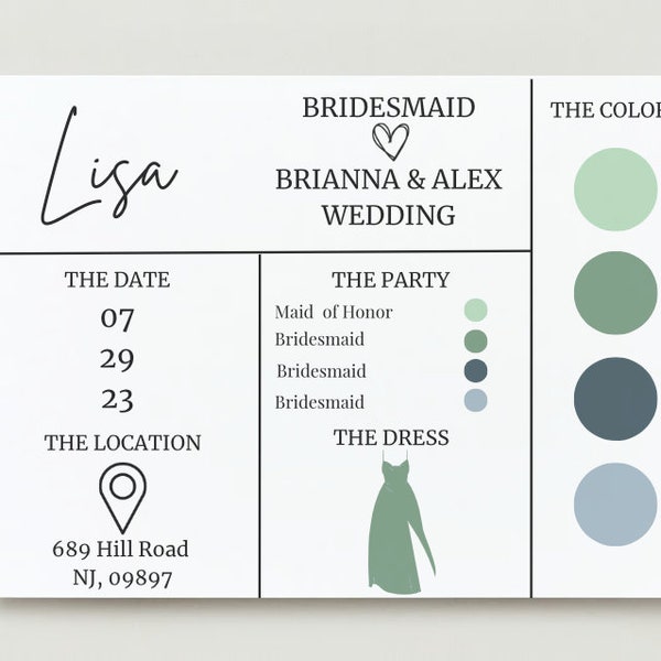 Bridesmaid Proposal Card Template,Bridesmaid Info Card Template Editable, Editable Bridal Information Card