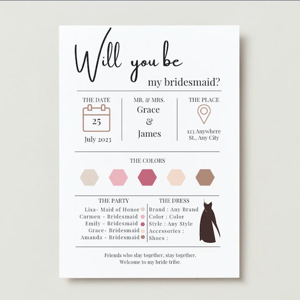 Bridesmaid Proposal Card Template,Bridesmaid Info Card Template Editable, Editable Bridal Information Card