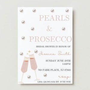 PEARLS & PROSECCO Digital Bridal Shower Invitations, Editable Wedding Bridal Shower Invite, Customizable Bridal Shower Evites