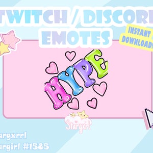 Op de afbeelding: Een roze en blauwe afbeelding met de tekst "Twitch/Discord Emotes" en "Direct Downloaden!" De afbeelding bevat het kleurrijke woord "Hype" met harten en sterren. De afbeelding bevat ook de tekst "Stargxrrl" en "Stargirl #1585".