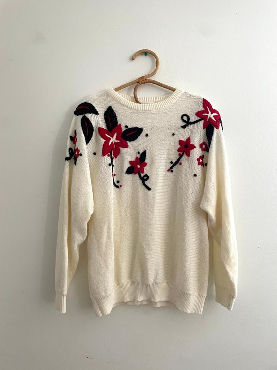 shoplulovesvintage Vintage Alfred Dunner Floral Sweater Pullover Red Flowers Cream Knit Mom Sweater