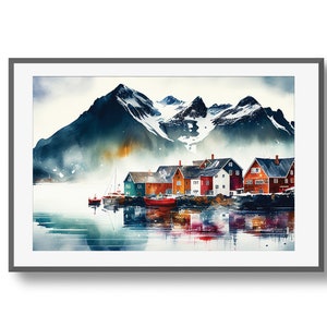 Norwegian Village Watercolor, Norway Printable Art, Fjord Artwork, Digital Download Art
