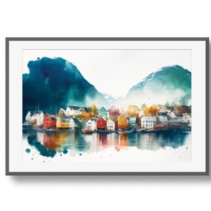 Norwegian Fishing Village, Printable Watercolor Art, Scenic Art, Digital Download Art