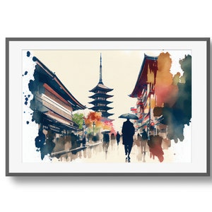 以下が含まれることがあります： 日本の街並みを水彩画で描いた作品です。赤い屋根の五重塔と、建物の並ぶ通りが描かれています。通りには人々が歩いており、中には傘をさしている人もいます。伝統的な日本の芸術を思わせるスタイルで描かれています。