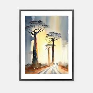 Madagascar Landscape Watercolor, Avenue of the Baobabs Art, Printable Art, Digital Download Art