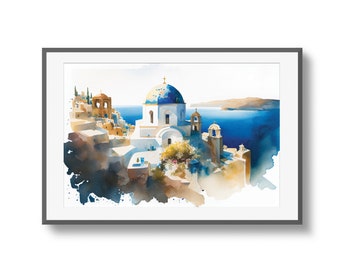 Santorini Seascape, Printable Watercolor Art, Scenic Art, Digital Download Art
