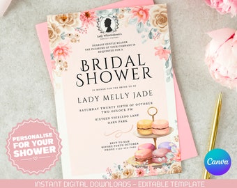 Bridgert Bridal Shower Invitation: Regency High Tea, Pink Floral (Printable, Instant Download)