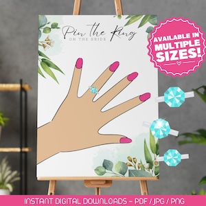 Puede incluir: Un juego imprimible para una despedida de soltera o una fiesta de bodas. El juego se llama "Pin the Ring on the Bride". El juego presenta una mano con un anillo en el dedo. El juego está disponible en varios tamaños.