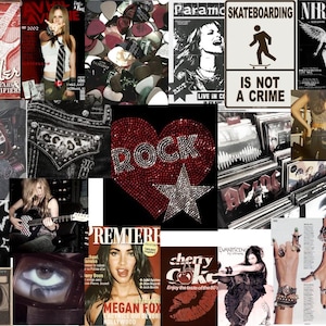 May include: A collage featuring various pop culture elements including a red rhinestone heart with a star, vintage magazine covers, a Fender logo, a skateboarding sign, a cassette tape, a Canon camera, and black and white musical imagery.