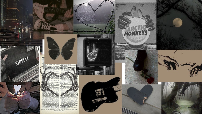 K&ouml;nnte beinhalten: Eine Collage von Bildern mit einer dunklen, stimmungsvollen &Auml;sthetik. Enth&auml;lt eine Stadtlandschaft bei Nacht, eine Person, die Gitarre spielt, ein Stacheldrahtherz, einen Schmetterling, eine Ampel, ein Album, einen Schuh, eine Rose und einen Vollmond.