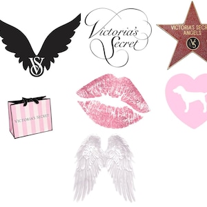 Puede incluir: Una colección de gráficos con temática de Victoria's Secret que incluye alas negras con un logo VS, el logo de Victoria's Secret, una estrella roja con texto, una bolsa de rayas rosas, labios brillantes, un corazón rosa con un perro y alas blancas.