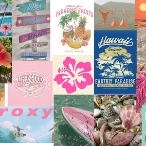 May include: A collage of tropical-themed images. Includes a signpost with island names, hibiscus flowers, a surfboard, and text that reads "Hawaii beach" and "HOLLISTER california 1968".