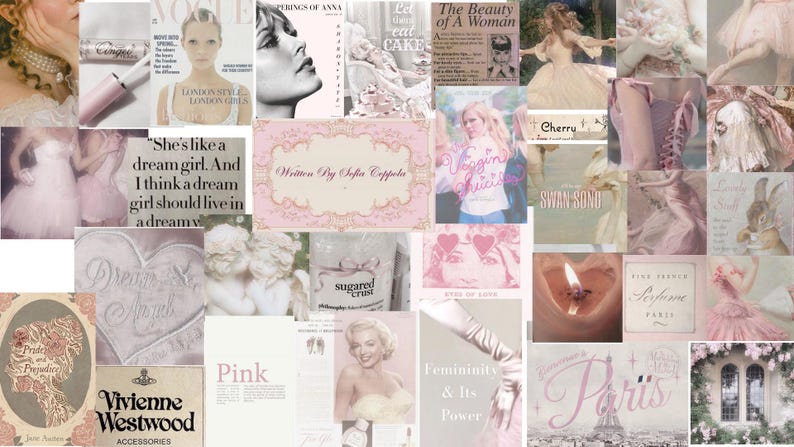 May include: A collage of images in pink and white tones featuring fashion, beauty, and lifestyle themes. The collage includes text such as "Cherry", "Swan Song", "Femininity & Its Power", "Paris", and "Vivienne Westwood".