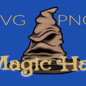 May include: A brown magic hat illustration on a blue background. The text "SVG" and "PNG" are at the top, with "Magic Hat" in a decorative font at the bottom. The hat is a classic wizard's hat.