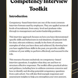 Op de afbeelding: Een wit en goud document getiteld "Competency Interview Toolkit" met de tekst "Introduction" en gedetailleerde informatie over competentiegebaseerde interviews. Het Career STASH-logo staat onderaan.