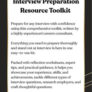 Peut inclure: Graphique rectangulaire blanc avec le texte "Interview Preparation Resource Toolkit". Le kit comprend des fiches de travail, des conseils et des directives pour se préparer aux entretiens. Le logo Career Stash est en bas.