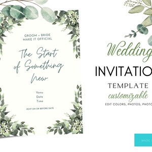 Eucalyptus Wedding Invitation Set Template, Greenery Wedding Invites Bundle, Printable Wedding Invitations, Instant Download, Editable