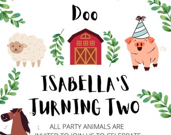 Invitación para el segundo cumpleaños, invitación para una fiesta en la granja, fiesta de cumpleaños de Oink Moo Cock-A-Doodle-Doo, descarga digital, Canva editable