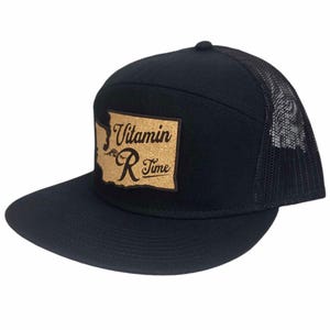 May include: Black trucker hat with a brown patch featuring the outline of the state of Washington and the text "Vitamin R Time".
