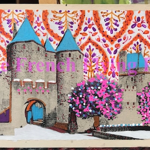 Cartões postais franceses vintage, pintados à mão -Carcassonne - La Cité