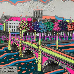 Carte postale vintage française, peinte à la main, Charlon-sur-Saône