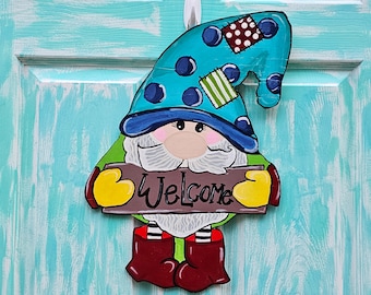 Gnome Welcome Door Hanger: Hand-Painted Spring Porch Decor