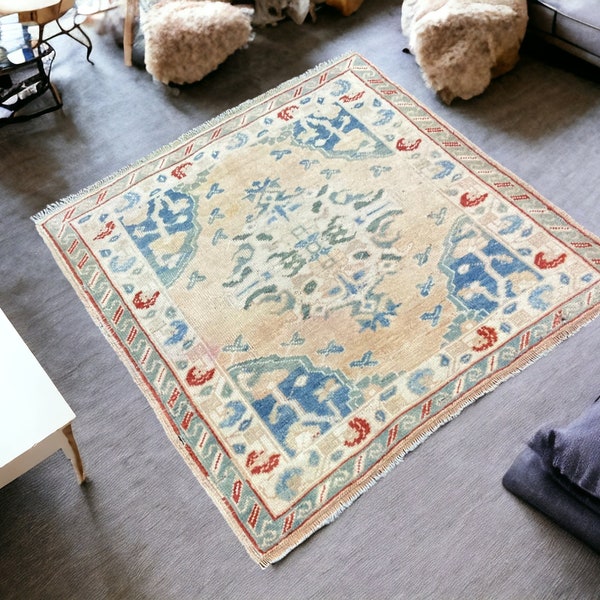 3x3,Oushak Rug,Vintage Rug,Pink Blue Rug,Doormat Rug,Small Turkish Rug,Handmade Rug, Entrway Decor,Outdoor Rug,Mini Small Rug,Decor Rug,3x3