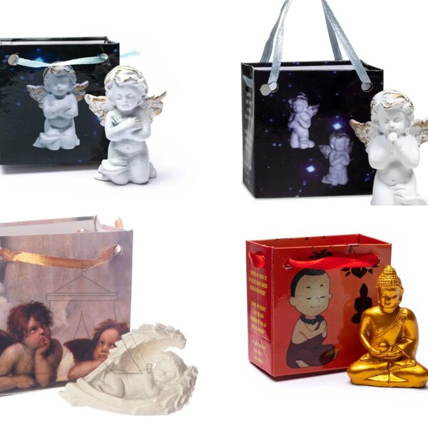 4 Statuettes de 2 anges , 1 chérubin et 1 bouddha avec 4 sacs cadeau