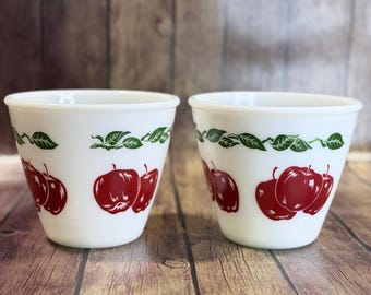 Set Of 2 Vintage Hazel Atlas Milk Glass Stackable Mixing Bowls with Apples 5”x6" Cottagecore or Grandmacore Kitchen Decor