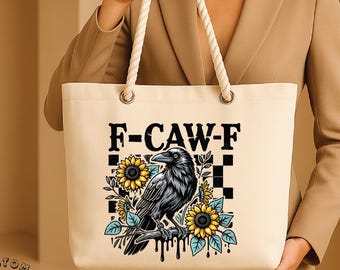 f caw f tote bag, halloween 2025, everyday carry, fall design, funny tote bag, cotton, halloween crow, halloween design, crows before bros,