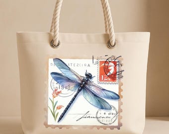 Dragonfly Tote Bag with Rope Handles Stamp Frame Tote Bag, Weekender Bag, Watercolor Dragonflies Pattern Beach Bag, Pool Bag, Dragonfly Gift