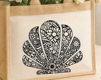 Seashell Mandala Jute Tote Bag, seashell tote bag, seashell bag, canvas tote bag, beach tote bag, aesthetic tote bag, natural tote bag gift