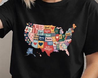 Colorful USA Map With Bible Verses V- Neck T-Shirt, Boho USA Map Tee for Women, Spiritual Gift Idea Faith & USA Map Shirt, Best Gift for her