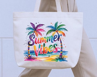 Summer Vibes Zippered Tote Bag, Cute Beach Bag, Vacation Ready Tote, Canvas Pool Tote, Summer Party Gift, Beach Essentials Gift for mom bag