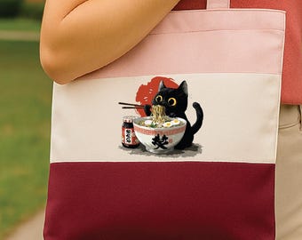 Black cat eating ramen tote bag, black cat tote, everyday bags, reusable grocery bag, cute cat tote bag, shopping bag, canvas shopping bag