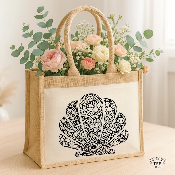 Seashell Mandala Jute Tote Bag, seashell tote bag, seashell bag, canvas tote bag, beach tote bag, aesthetic tote bag, natural tote bag gift