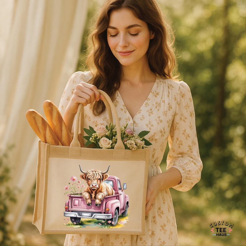 May include: A beige tote bag with a watercolor illustration of a Highland cow in a pink pickup truck. The bag also contains baguettes and flowers. The words "CUSTOM TEE HAUS" are in the lower right corner.