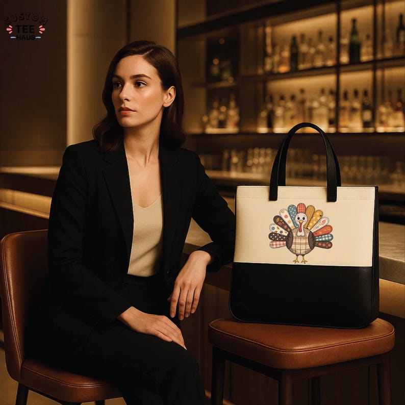 K&ouml;nnte beinhalten: Eine schwarze und cremefarbene Tragetasche mit einem bunten Truthahnmotiv. Die Tasche hat schwarze Griffe und eine schwarze Unterseite. Der Truthahn hat einen karierten K&ouml;rper und einen bunten Federf&auml;cher. Die Tasche steht auf einem braunen Hocker.