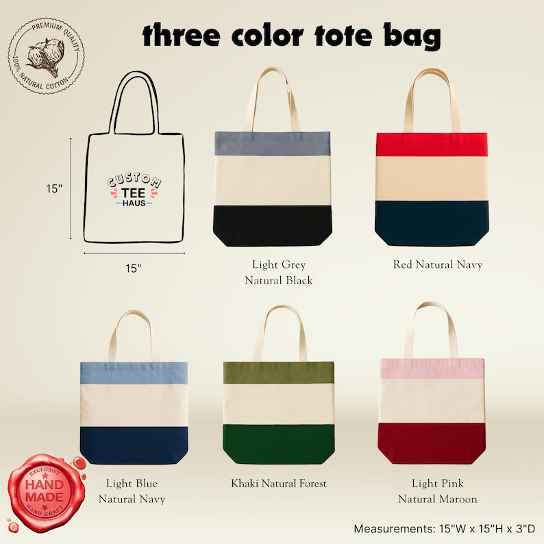 Op de afbeelding: Een collectie driekleurige tote bags, elk met een natuurlijke canvas body en contrasterende boven- en onderpanelen. De tassen zijn 38 cm breed, 38 cm hoog en 8 cm diep. Kleuren zijn lichtgrijs/zwart, rood/marine, lichtblauw/marine, kaki/bos en lichtroze/kastanjebruin.