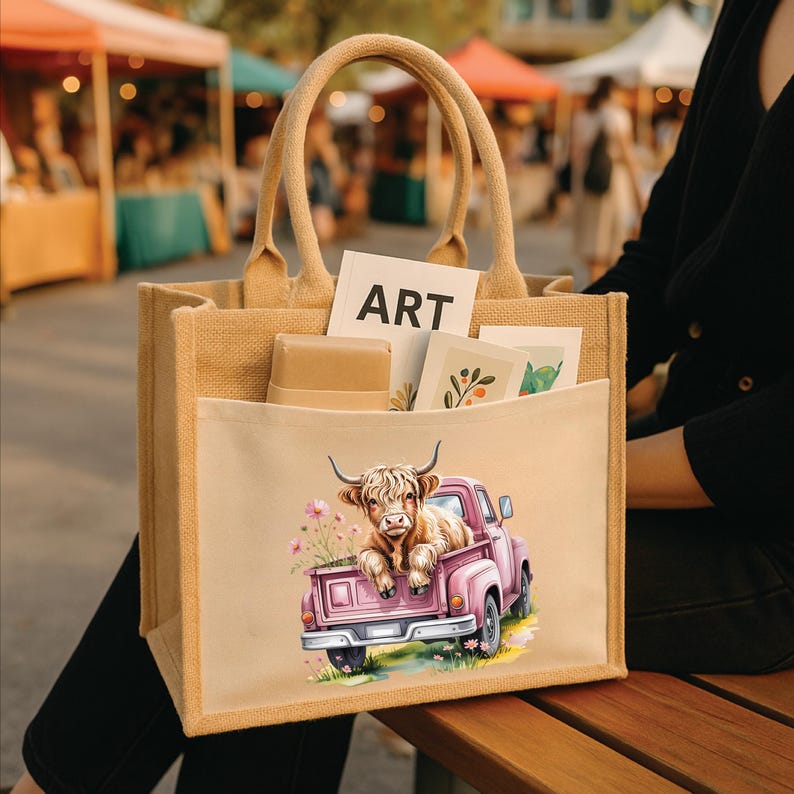 May include: A beige tote bag with a light pink pocket featuring a Highland cow in a pink pickup truck. The bag has a rectangular shape with two handles and the word "ART" is visible.
