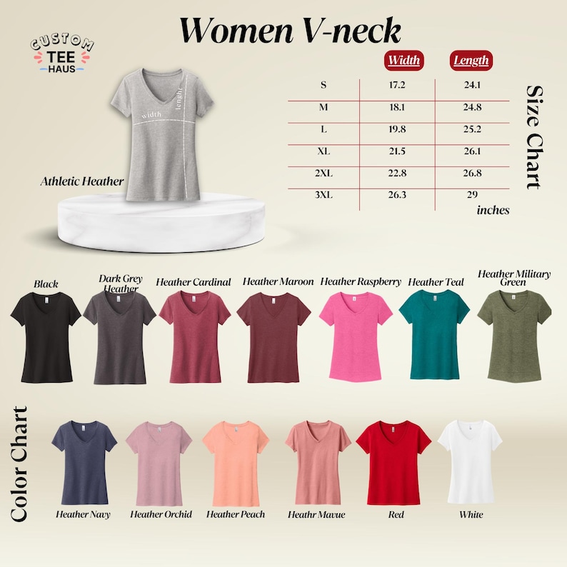 Peut inclure: Pr&eacute;sentation de t-shirts &agrave; col en V de diff&eacute;rentes couleurs, dont noir, gris, rouge et vert. L'image comprend un tableau des tailles avec des mesures en pouces (converties en cm) et le texte "Women V-neck" et "Size Chart". Les chemises sont pr&eacute;sent&eacute;es sur une surface blanche.