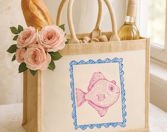 Stamp Frame Sea Life Tote Bag,  Ocean Lover Gift, Fish Jute Tote Bag, Ocean Animal Beach Tote Bag, Merch Coastal Beach Bag, Ocean Theme Gift