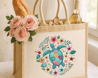 Sea turtle Jute Tote bag, floral tote, floral sea turtle tote bag, sea turtle tote bag, sea turtle gift, floral beach bag, canvas tote bag