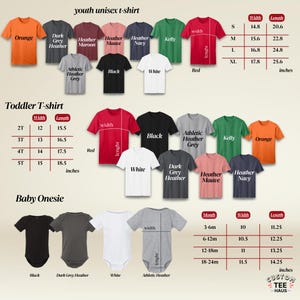 Peut inclure: Plusieurs t-shirts et bodies pour b&eacute;b&eacute;s de diff&eacute;rentes couleurs, dont orange, rouge, noir et blanc. L'image comprend des tableaux des tailles avec des mesures en cm pour les t-shirts jeunes et enfants en bas &acirc;ge, et les bodies.