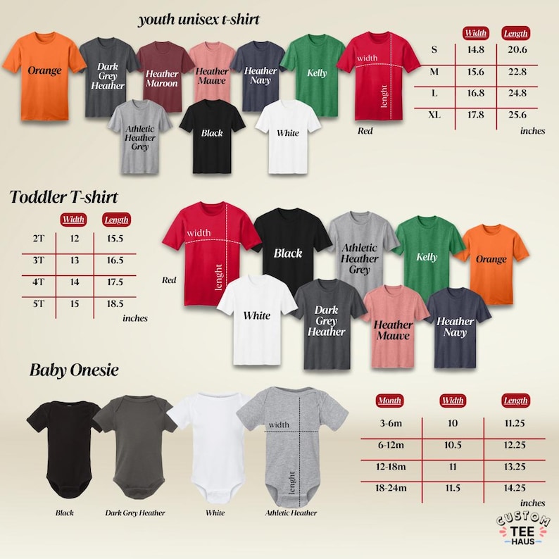 Peut inclure: Plusieurs t-shirts et bodies pour b&eacute;b&eacute;s de diff&eacute;rentes couleurs, dont orange, rouge, noir et blanc. L'image comprend des tableaux des tailles avec des mesures en cm pour les t-shirts jeunes et enfants en bas &acirc;ge, et les bodies.